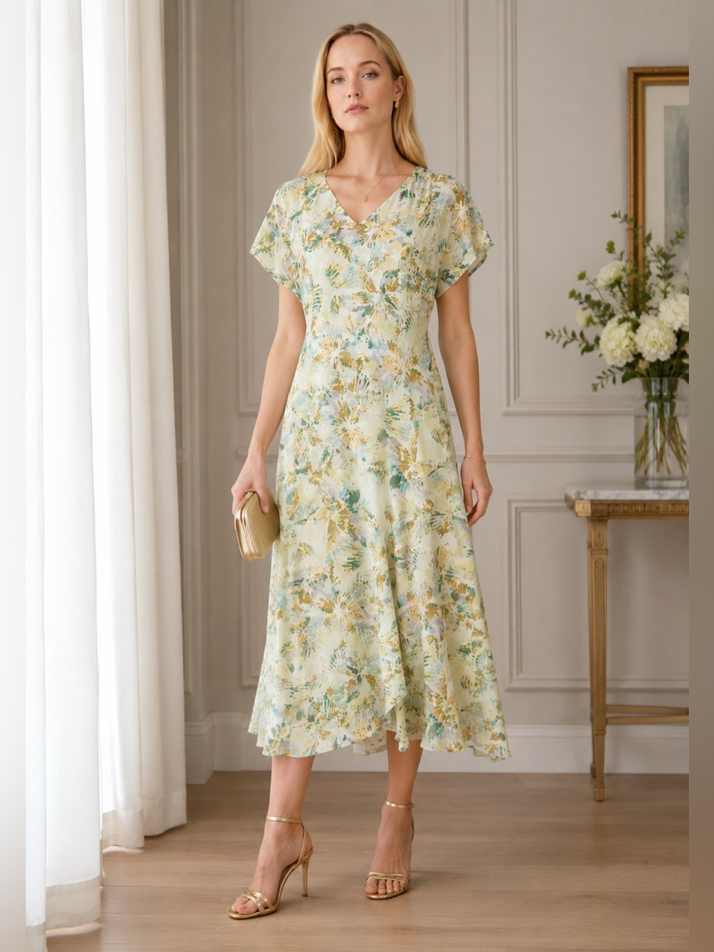 LUXELY NWT Abstract Floral Surplice Midi Dress | Flutter Sleeve V-Neck | Size S